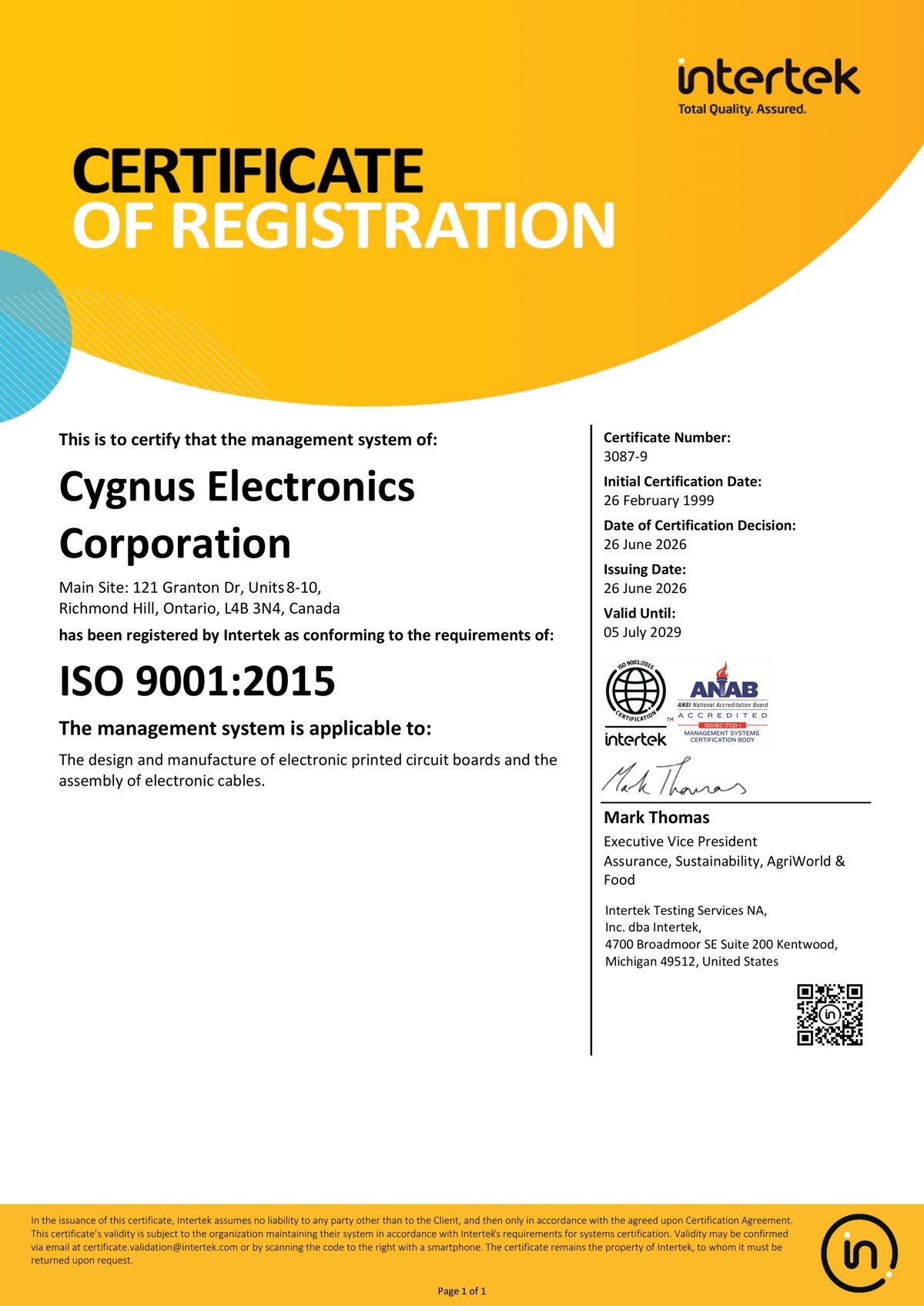 Cygnus Electronics Corporation ISO 9001:2015 certificate number 3087-9 issued by Intertek