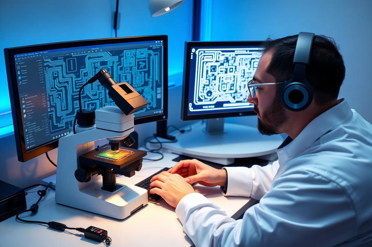 Electronics engineer reviewing a printed circuit board layout beside a microscope inspection station