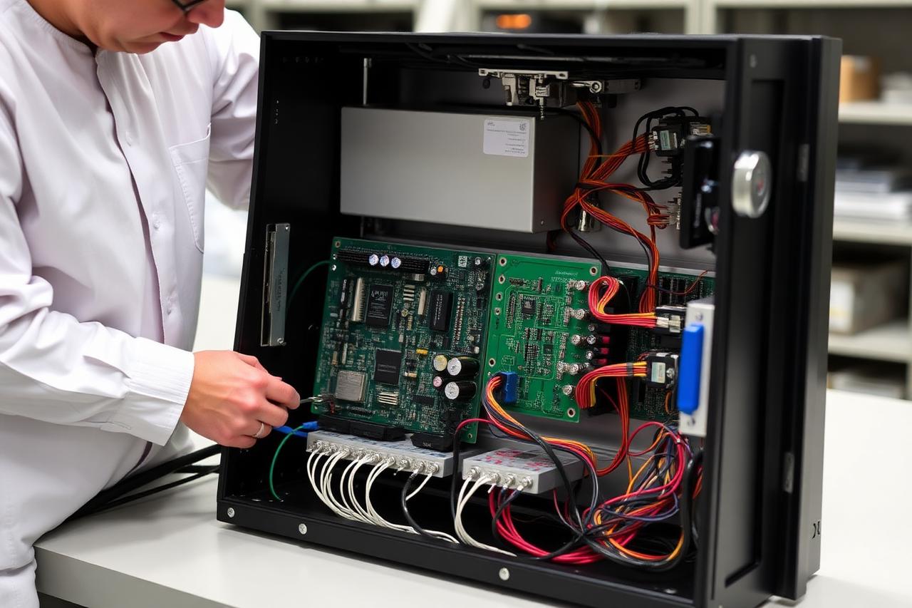Technician integrating circuit boards and wiring into an industrial electronic enclosure