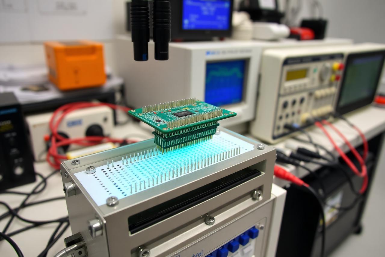 Bed-of-nails in-circuit test fixture with pogo pins and a circuit board positioned above it