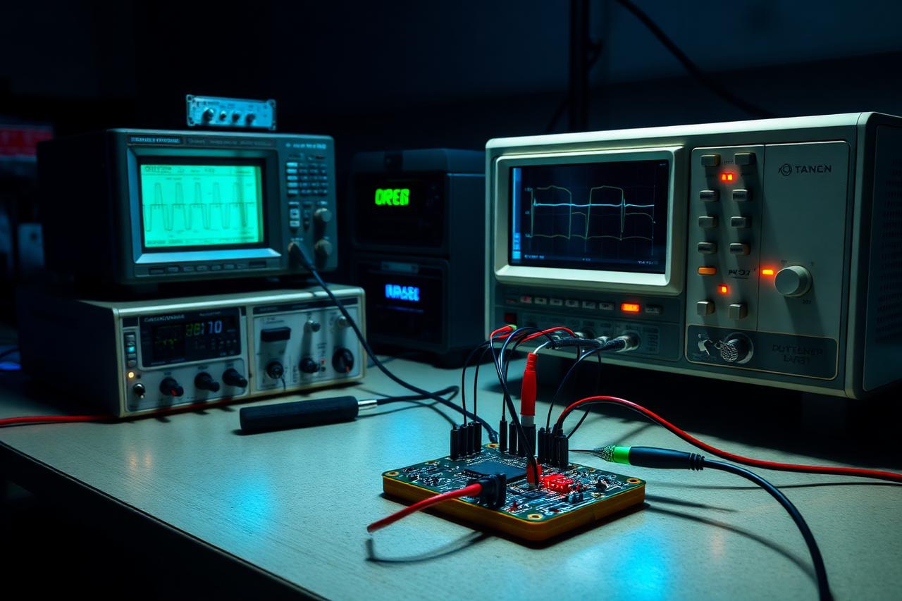 Functional test bench with oscilloscope and power supplies connected to a circuit board under test